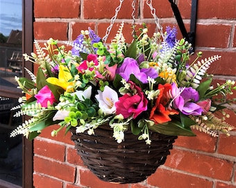 Artificial flower hanging basket with Alstroemeria, Fern wild flowers berries and greenery In 3 Sizes