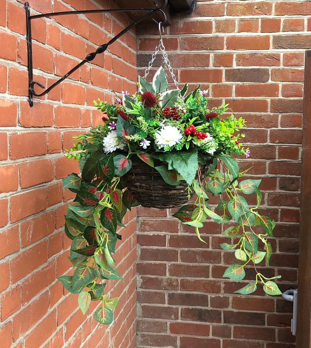 Artificial Hanging Basket With Chrysanthemums Sea Holly, Berries