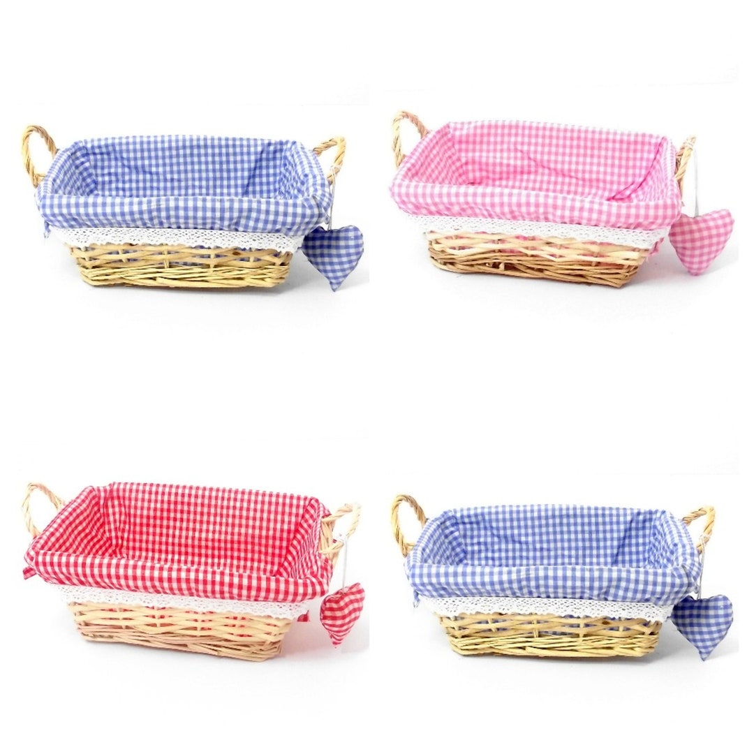 Rectangle Wicker Basket Gingham Lined With Handles 25 X 18 X 15 Cm