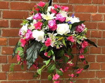 Artificial flower Hanging Basket With Roses, Lilies, Trailing Morning Glory and foliage in 3 sizes Hand Made