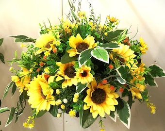 Artificial flower hanging basket with bright sunflowers and leaves hand made eye-catching basket ready to hang