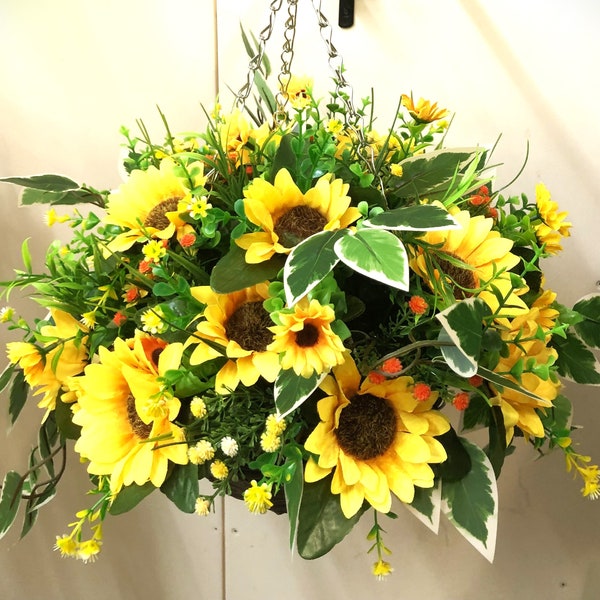 Artificial flower hanging basket with bright sunflowers and leaves hand made eye-catching basket ready to hang