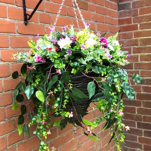 Artificial flower hanging basket with Chrysanthemums Trailing Leaves & Flowers with foliage Extra large 60-65cm