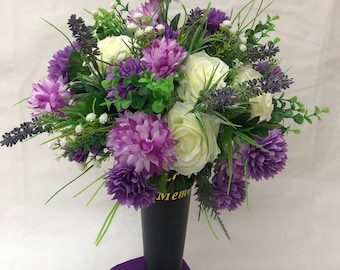 Grave spike with artificial flowers, chrysanthemums, roses and lavender hand made option of mum, dad sister , brother etc