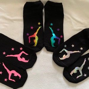 Girls black & white trainer socks with gymnast design various colours UK shoe size 4-6.5 gift idea