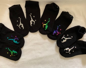 Girls black trainer socks with gymnast design various colours UK shoe size 9 - 12 gift idea