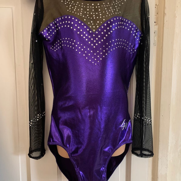 Girls long sleeve gymnastics competition leotard purple and black size 32