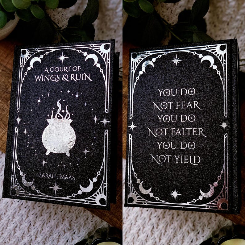 May include: A black book with silver lettering and accents. The cover reads "A Court of Wings & Ruin" with a cauldron illustration. The author's name, Sarah J. Maas, is also visible. The right side of the book has the text "You do not fear, you do not falter, you do not yield."