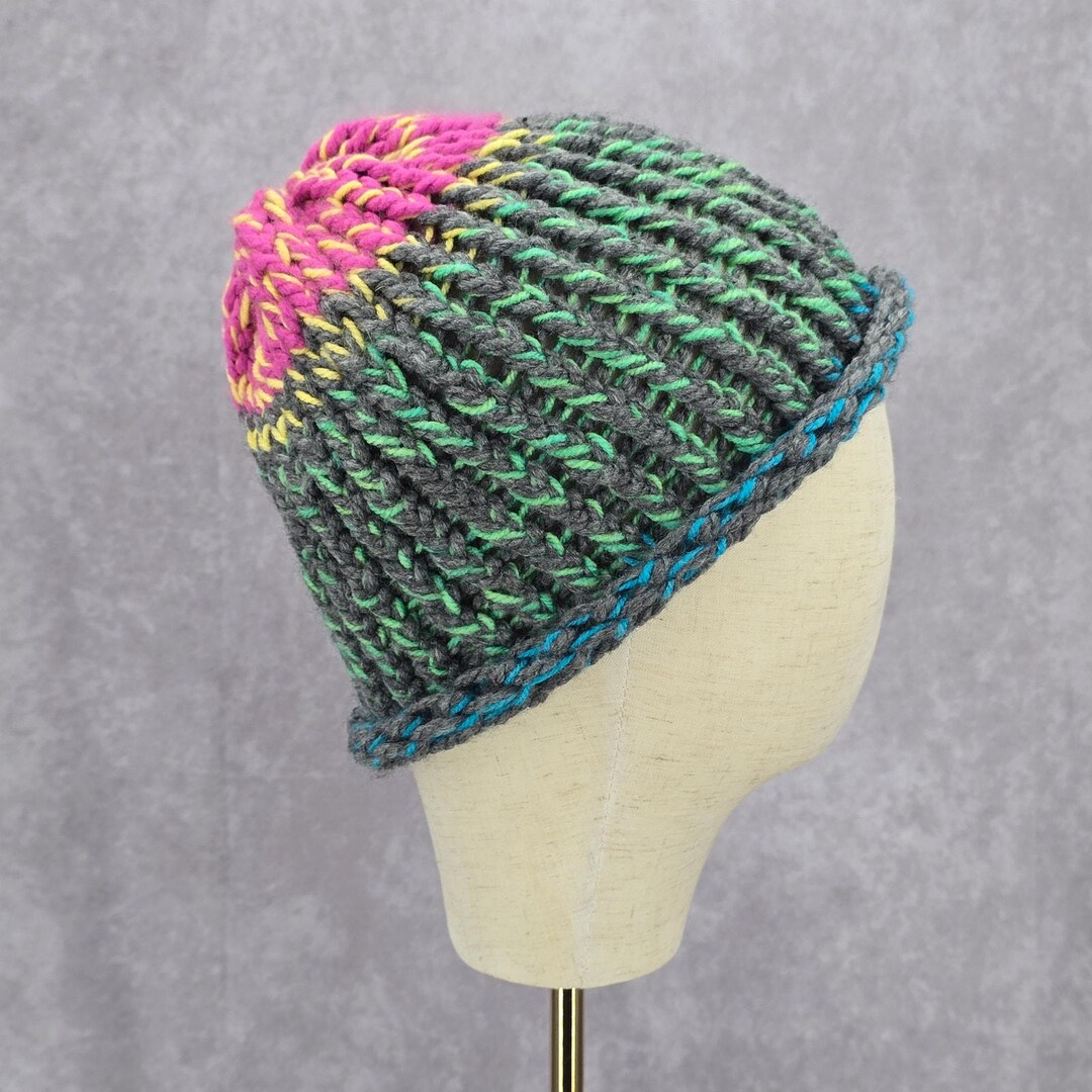 Green Pink Crochet Knit Bucket Cap Hat Fun Vintage Y2K Funky  display picture 2