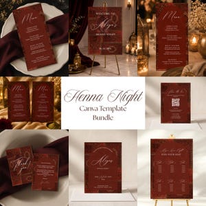 Könnte beinhalten: Ein Henna-Abend Canva-Vorlagenpaket mit dunkelroten Schreibwaren, verziert mit komplexen dunklen Mustern und Bogenrahmen. Das Set enthält Menükarten, Willkommensschilder, Sitzpläne und Dankeskarten mit weißem Text, inklusive Henna Night.