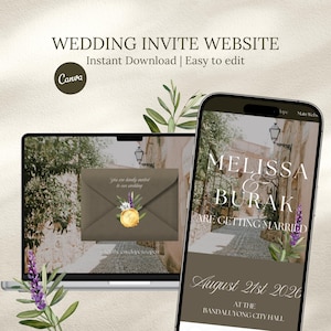 Könnte beinhalten: Ein Design für eine Hochzeits-Website-Einladung wird auf einem Laptop und einem Smartphone angezeigt. Das Design zeigt die Namen "Melissa & Burak", das Hochzeitsdatum und eine Straßenszene. Der Text "Wedding Invite Website" und "Instant Download | Easy to edit" sind ebenfalls sichtbar.