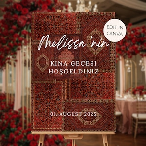 Editable Turkish Henna Night Welcome Sign Template in Canva, Kina Gecesi welcome board with traditional oriental carpet design, printable bridal shower entrance sign, instant download