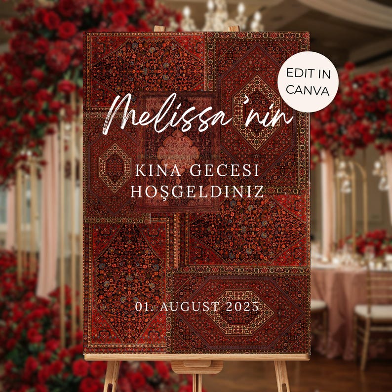 Editable Turkish Henna Night Welcome Sign Template in Canva, Kina Gecesi welcome board with traditional oriental carpet design, printable bridal shower entrance sign, instant download