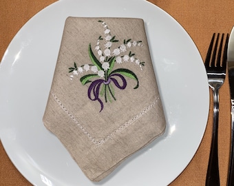 Embroidered Lily of the Valley Napkin: Floral Table Decor, Eco-Friendly Flax