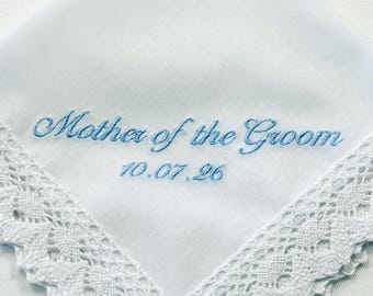 Personalised Wedding Handkerchief Mother of the Groom, Embroidered Lace hanky on cotton