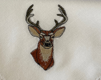 Deer Head Napkin, embroidered stag head for wildlife & Nature Lovers, Cabin chic, Woodland-Themed Parties .