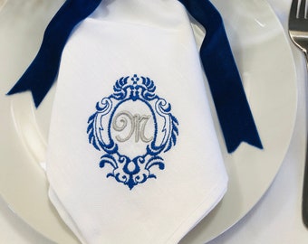 Embroidered Monogram Napkin Personalized Table Decor Elegant Events Wedding Special Occasion Classic Design Monogrammed white napkin Crest .