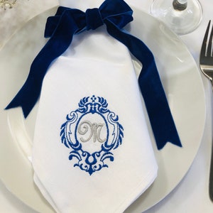 Embroidered Monogram Napkin Personalized Table Decor Elegant Events Wedding Special Occasion Classic Design Monogrammed white napkin Crest .