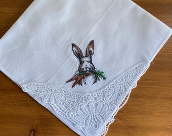 Lace Handkerchief Embroidered Easter / Spring Bunny With