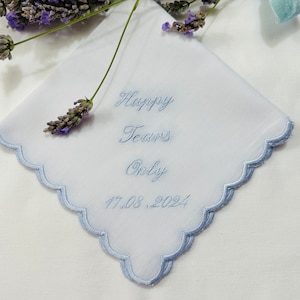 Scalloped Handkerchief, Embroidered Wedding bride Handkerchief, bridesmaid, MOB, MOG, Bridal personalised wedding gift Happy Tears Only . image 2