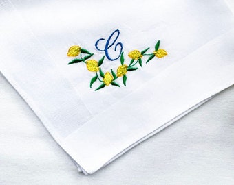 Mouchoir pour femme Motif citron brodé avec monogramme personnalisé Mouchoir en coton pour femme dans une enveloppe cadeau.