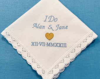 Ladies Handkerchief custom embroidered roman numeral Lace handkerchief wedding, Something Blue, I Do personalised hanky memorable keepsake .