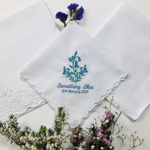 Personalised Wedding handkerchief, something Blue, Bluebells, bride gift, personalised hanky scalloped edge customised brides mother gift .