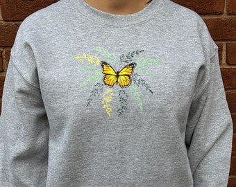 Embroidered Sweatshirt, Monarch butterfly Unisex sweat shirt .