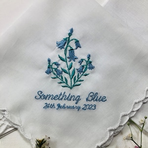 Embroidered handkerchief Wedding gift something Blue, Bluebells, bride gift, personalised hanky scalloped edge brides mother gift .