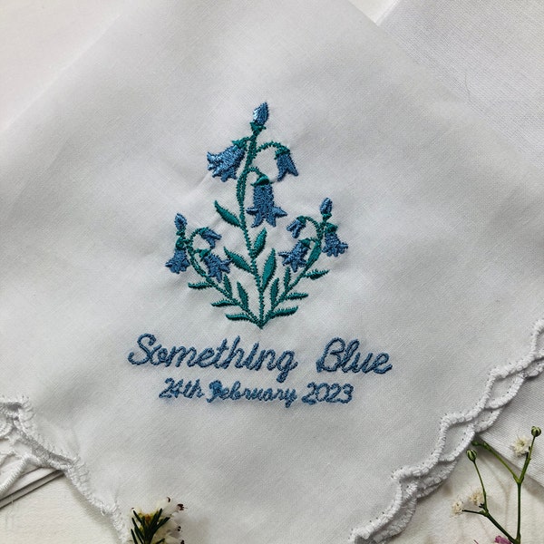 Embroidered handkerchief Wedding gift something Blue, Bluebells, bride gift, personalised hanky scalloped edge brides mother gift .