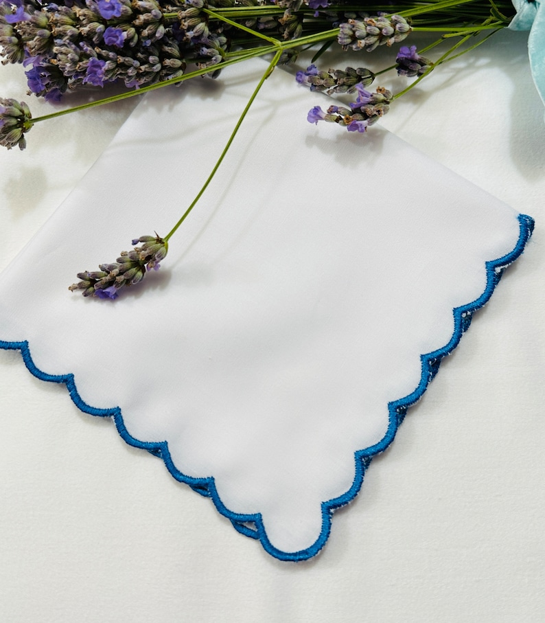 Scalloped Handkerchief, Embroidered Wedding bride Handkerchief, bridesmaid, MOB, MOG, Bridal personalised wedding gift Happy Tears Only . image 8