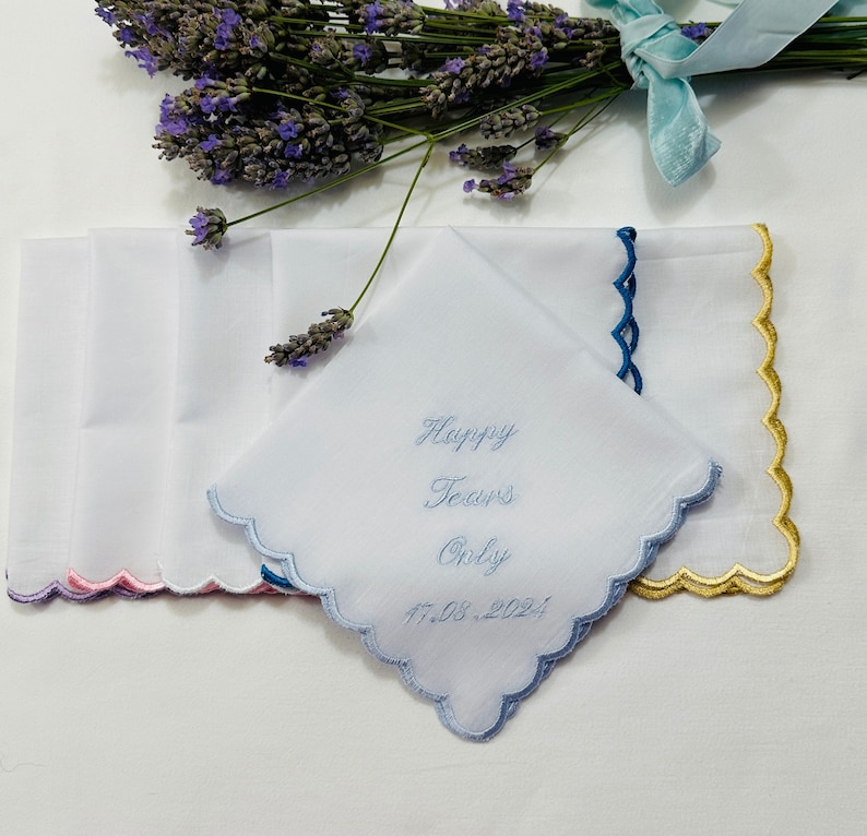 Scalloped Handkerchief, Embroidered Wedding bride Handkerchief, bridesmaid, MOB, MOG, Bridal personalised wedding gift Happy Tears Only . image 1