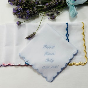 Scalloped Handkerchief, Embroidered Wedding bride Handkerchief, bridesmaid, MOB, MOG, Bridal personalised wedding gift Happy Tears Only . image 3