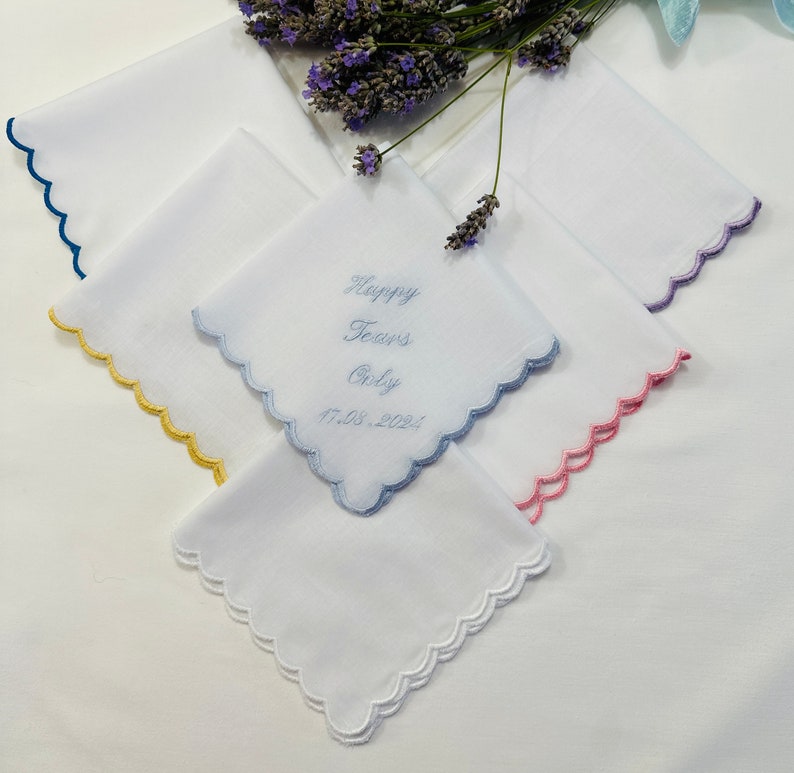 Scalloped Handkerchief, Embroidered Wedding bride Handkerchief, bridesmaid, MOB, MOG, Bridal personalised wedding gift Happy Tears Only . image 4