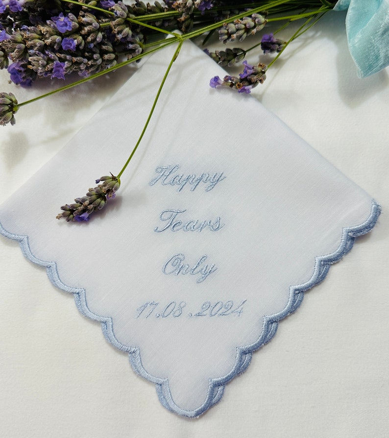 Scalloped Handkerchief, Embroidered Wedding bride Handkerchief, bridesmaid, MOB, MOG, Bridal personalised wedding gift Happy Tears Only . image 2