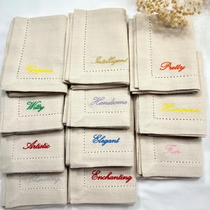 Personalised Embroidered Wedding Anniversary Party Napkins with Character words or Names on Cotton - Flax or Linen .