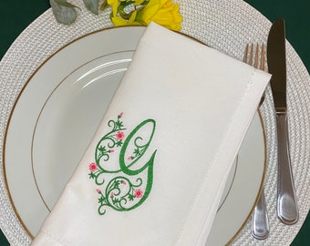 Personalised Monogram embroidered Napkin Floral Accent Initial napkin Wedding Bridal Shower Special Event script font Flower Embellishment .