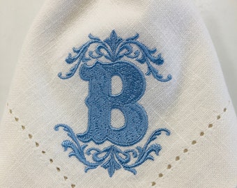 Ornate embroidered Monogram Napkin Embroidered  on Cotton or Linen -