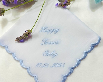 Gesticktes personalisiertes Taschentuch: Nur Freudentränen, Bogenkante oder Spitzenrand, Braut, Mutter, Hochzeit