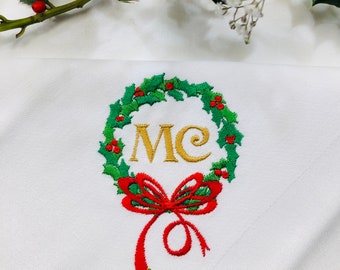 Monogrammed Christmas Holly Wreath Napkin on Cotton or Linen .