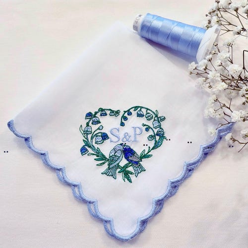 Personalised embroidered handkerchief with Lovebirds: Scalloped edge, Bride, Something Blue, Wedding gift