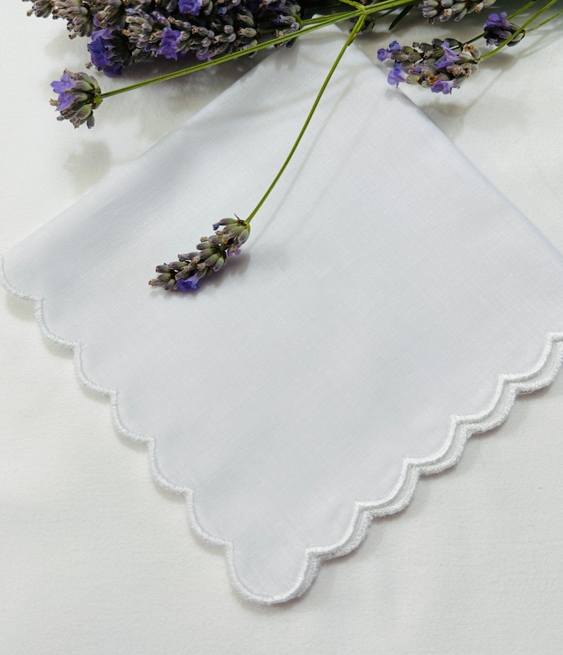 Scalloped Handkerchief, Embroidered Wedding bride Handkerchief, bridesmaid, MOB, MOG, Bridal personalised wedding gift Happy Tears Only . image 7