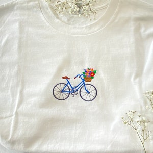 Embroidered T-Shirt Bicycle with Flower Basket cycling Enthusiast Nature Lover Unisex T shirt Stylish Graphic Tee