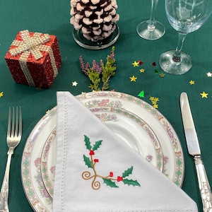 Holly Napkin for Christmas Embroidered on Cotton or Linen .