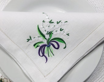 Lily of the Valley Embroidered Napkin on Linen or Cotton .