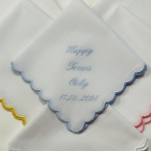 Scalloped Handkerchief, Embroidered Wedding bride Handkerchief, bridesmaid, MOB, MOG, Bridal personalised wedding gift Happy Tears Only . image 6