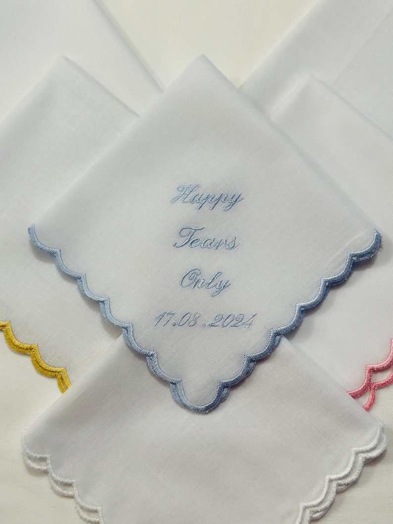Scalloped Handkerchief, Embroidered Wedding bride Handkerchief, bridesmaid, MOB, MOG, Bridal personalised wedding gift Happy Tears Only . image 6