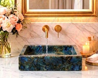 Handmade Labradorite Vessel Sink Rectangular Luxury Natural Stone Gemstone Bathroom Vanity Countertop Basin