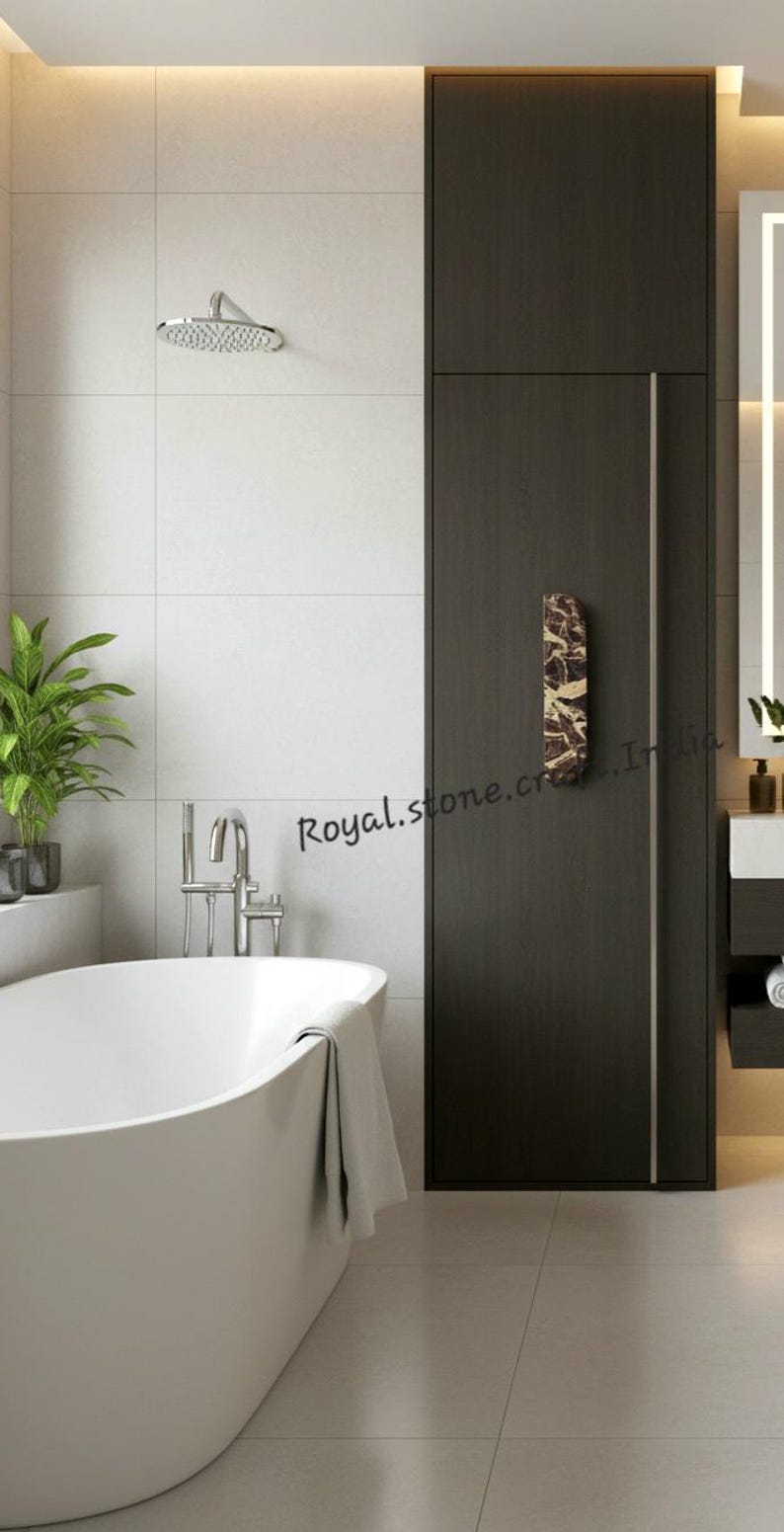 Luxury marble half moon handle installed on modern bathroom wardrobe, natural stone cabinet pull enhancing contemporary interior design