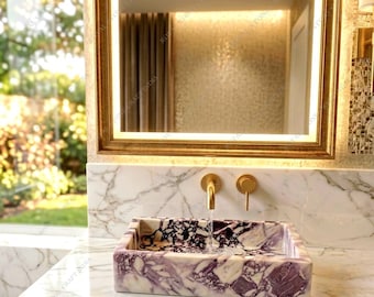 Calacatta Viola Marble Vessel Sink Rectangular Handmade Luxury Purple Italian Marble Bathroom Vanity Basin